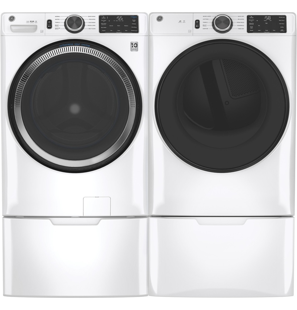 GFV55ESSNWW shown-with-washer on pedestal