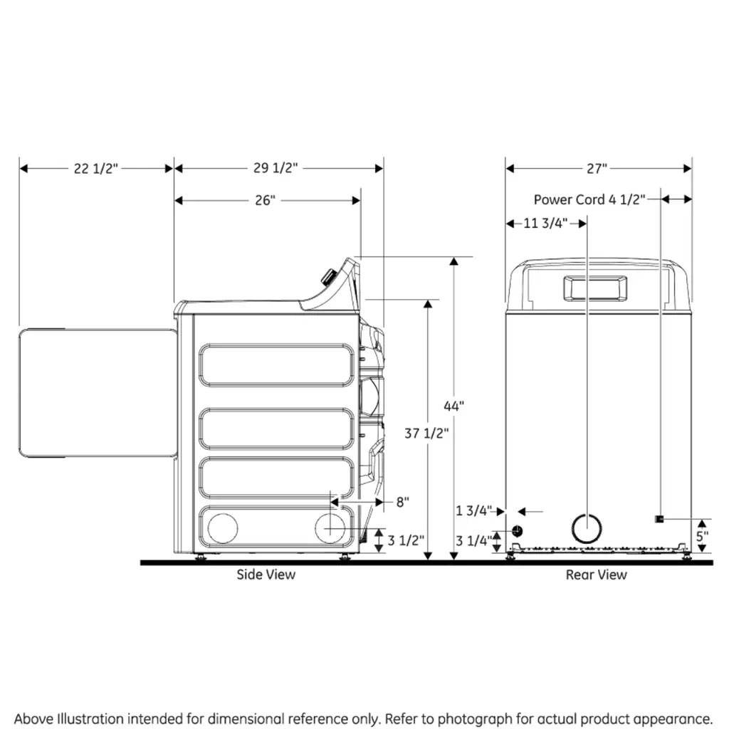 GTD45EASJWS diagram of dryer dimensions