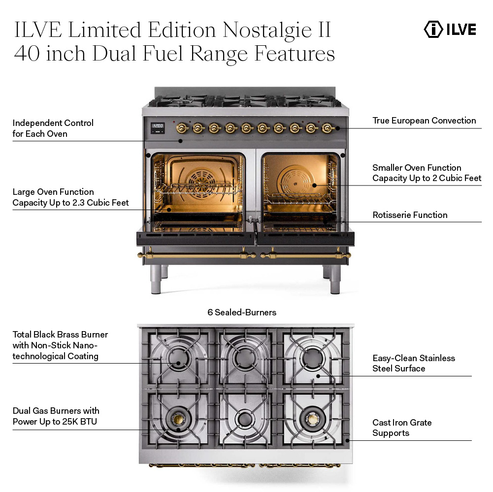ILVE UPD406NMP Nostalgie II 40 inch Dual Fuel Range with 6 Total Black Brass Burners, Brass Trim (Limited Edition)