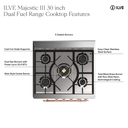 ILVE UM30N Majestic III 30 inch Dual Fuel Range with 5 Black Brass Burners, Dual Function Burner up to 25,000 BTU