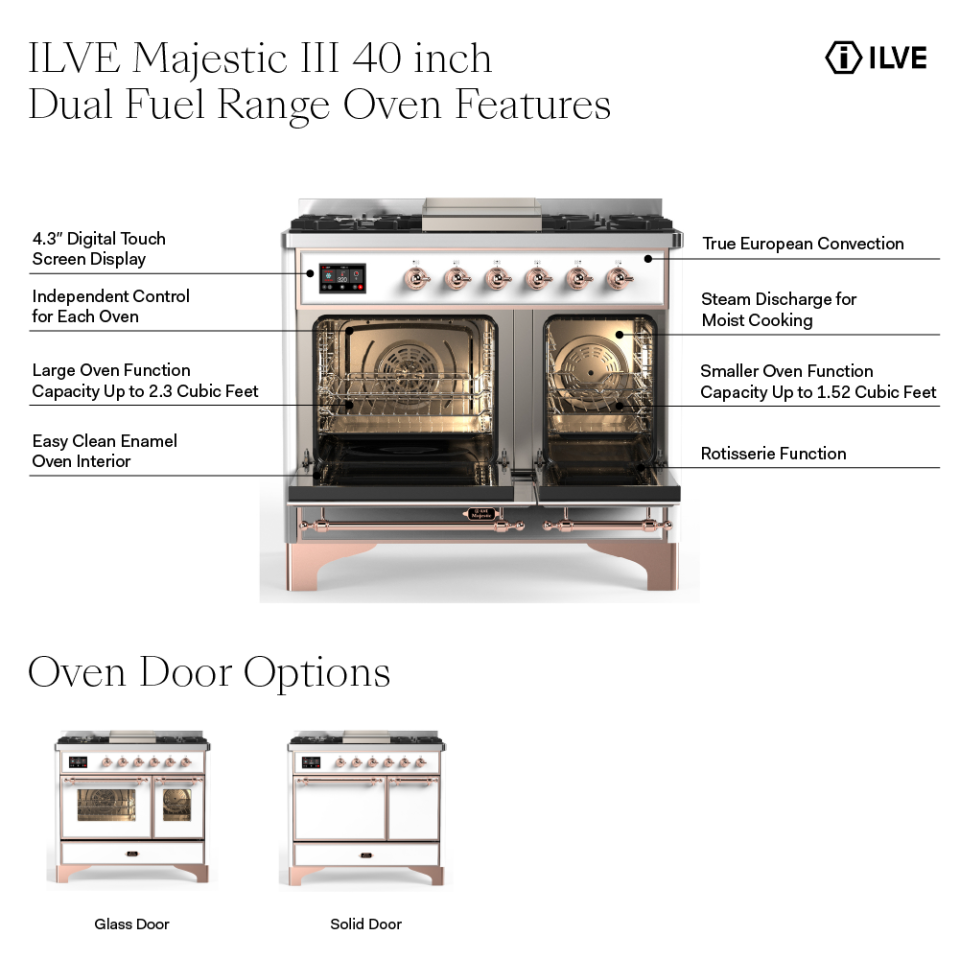 ILVE UMD40F Majestic III 40 inch Dual Fuel Range with 6 Burners and Griddle, Dual Function Burner up to 25,000 BTU