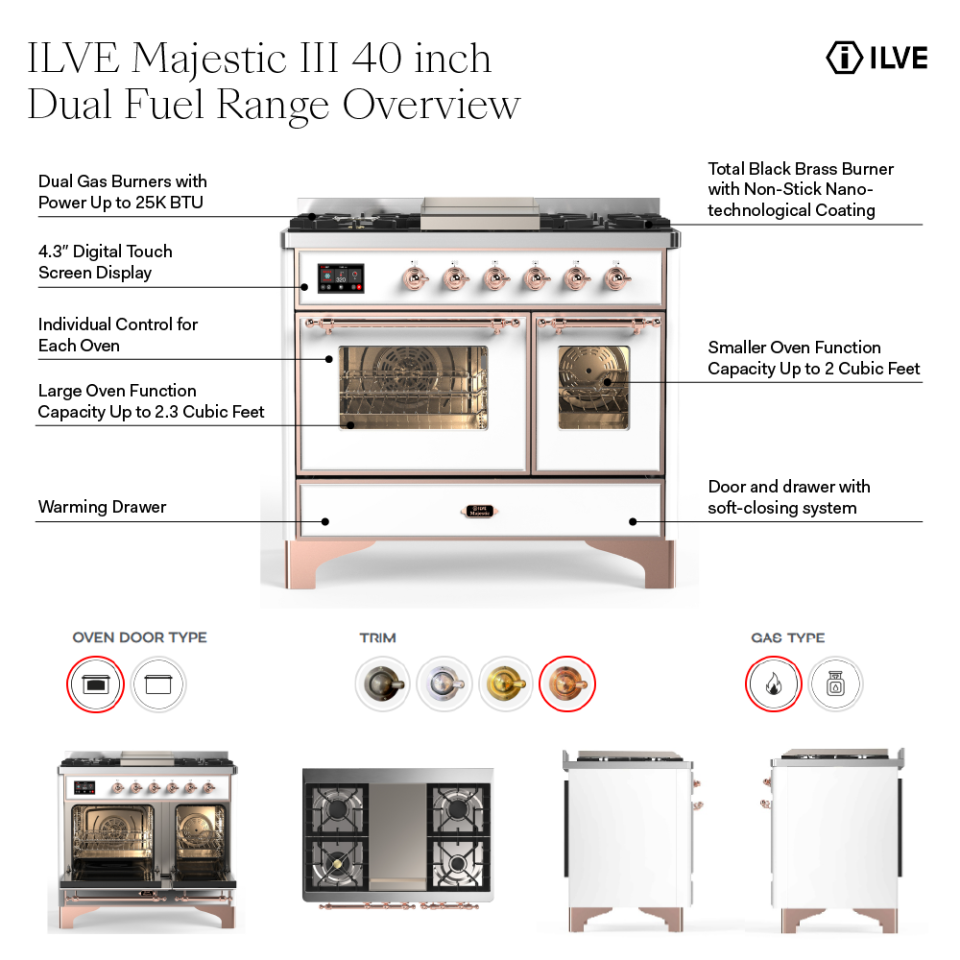 ILVE UMD40F Majestic III 40 inch Dual Fuel Range with 6 Burners and Griddle, Dual Function Burner up to 25,000 BTU