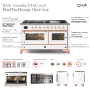 ILVE UM60FS Majestic III 60 inch Dual Fuel Range with 7 Burners, Griddle and French Top, Dual Function Burner with up to 25,000 BTU