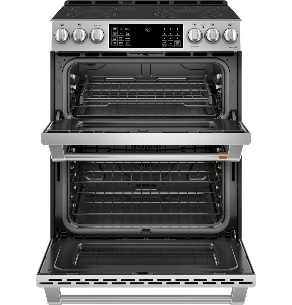 Cafe CES750P2MS1 30 inch Smart Slide-In Electric Double Oven Range with 5 elements, 6.7 cu. ft. Total Oven Capacity and No-Preheat Air Fry