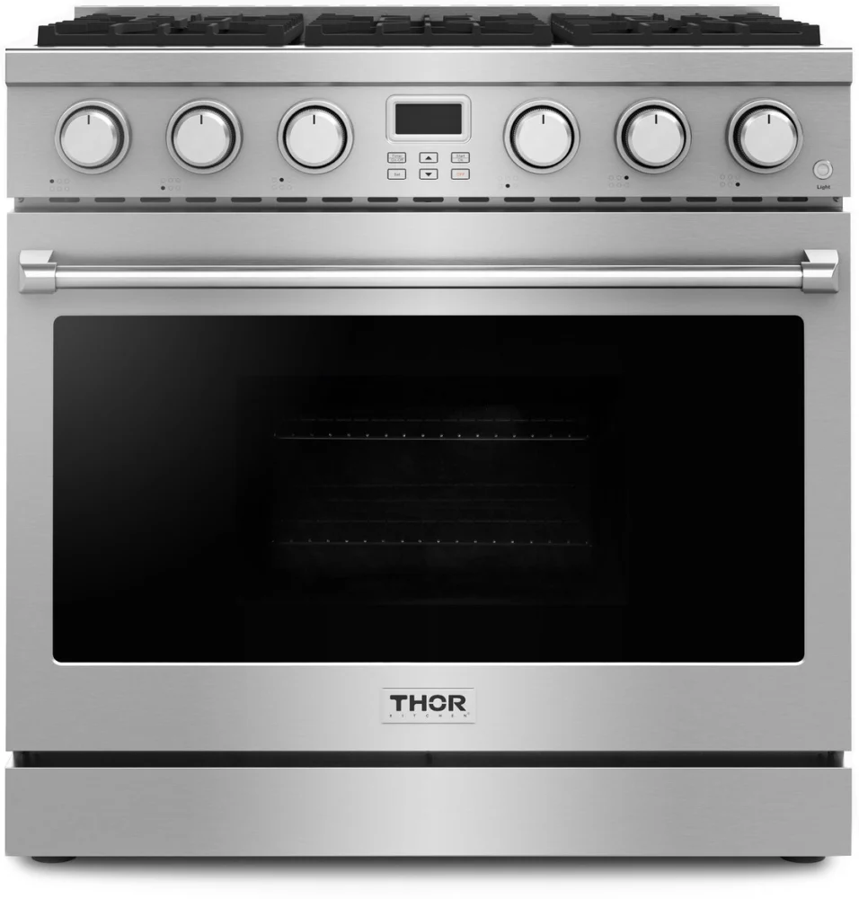 Thor Kitchen ARG36 36 inch Professional Gas Range with 6 Sealed Burners, 6 cu. ft Oven Capacity, 18000 BTU Heating Power, LED Display, Convection, in Stainless Steel