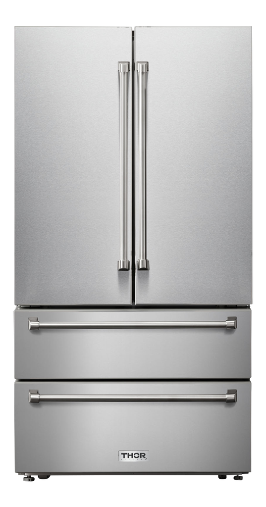 Thor Kitchen TRF3602 36 inch Professional Counter Depth 4 Door French Door Freestanding Refrigerator, 22.5 cu. ft. Total Capacity and Open Door Alarm, in Fingerprint Stainless Steel