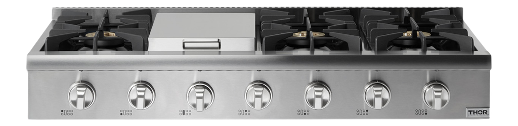Thor Kitchen HRT4806U 48 inch Gas Rangetop with 6 Sealed Burners, Griddle, LED Lights, Automatic Electric Ignition, Continuous Grates, Pro-Style Knobs, in Stainless Steel