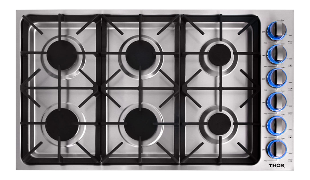 Thor Kitchen TGC3601 36 inch Gas Cooktop with 6 Burners, Cooktop Control Type and Wok Ring, in Stainless Steel