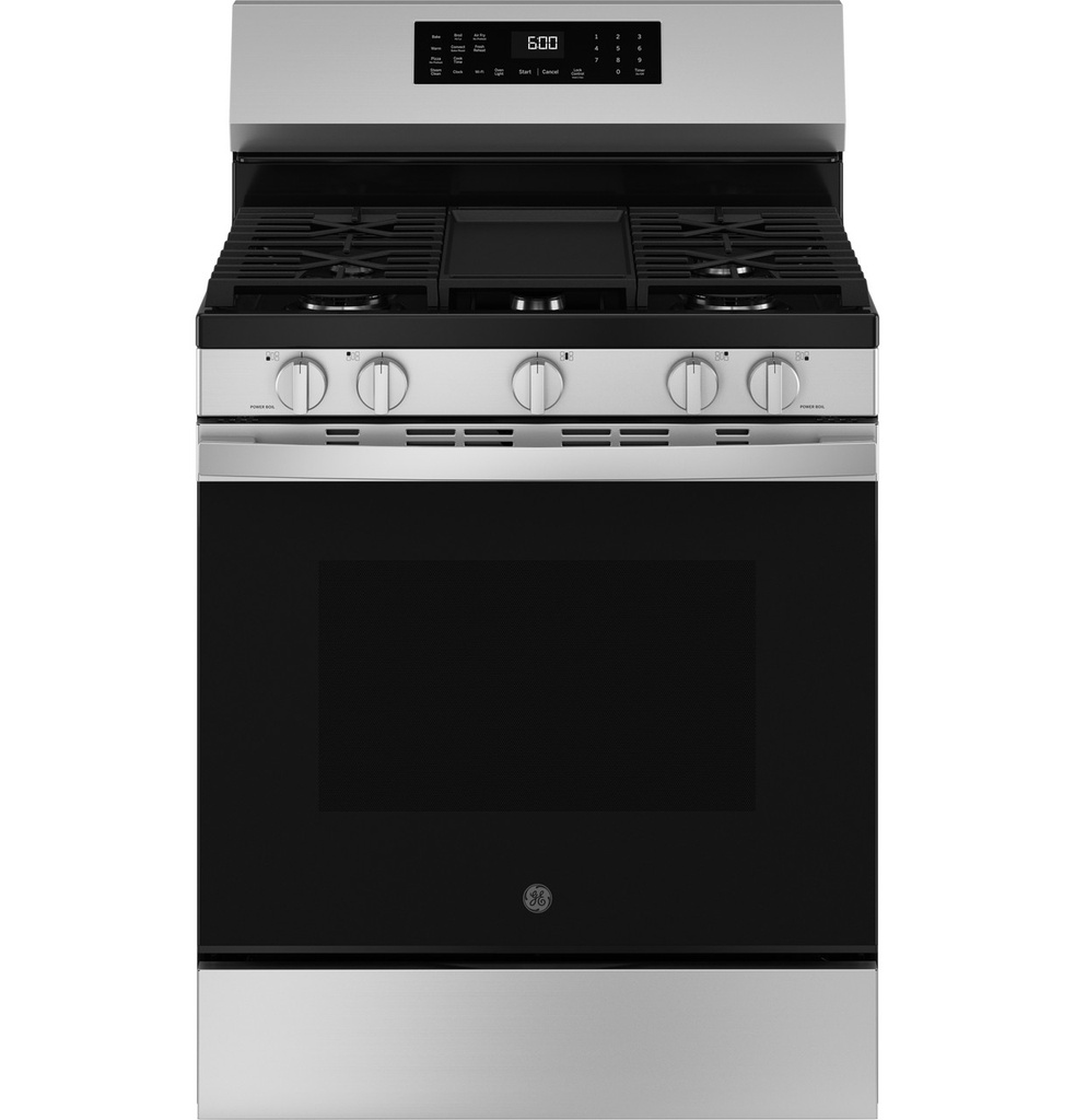 GE GGF600AV 30 inch Freestanding Smart Gas Convection Range with 5 Burners, 5.3 cu. ft. Capacity, No Preheat Air Fry and EasyWash Oven Tray