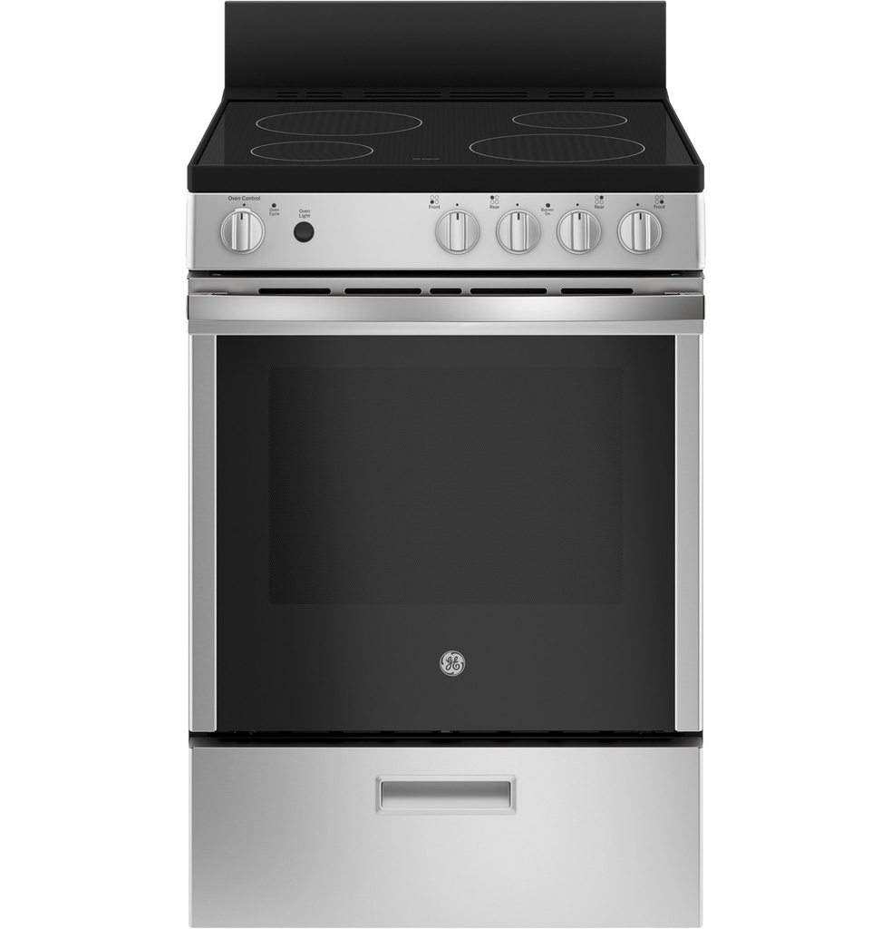 GE JAS640RMSS 24 inch Freestanding Electric Range with 4 Elements, 2.9 cu. ft. Capacity, Steam Clean, Storage Drawer, in Stainless Steel