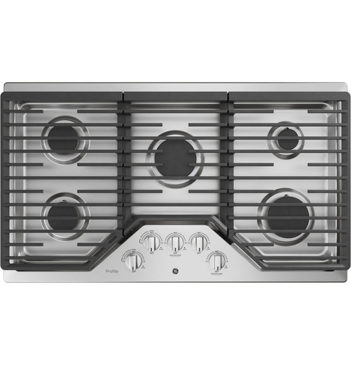 [PGP7036SLSS] GE Profile PGP7036 36 inch Gas Cooktop with 5 Burners, Continuous Cast Iron Grates and White LED Backlit Heavy-Duty Knobs
