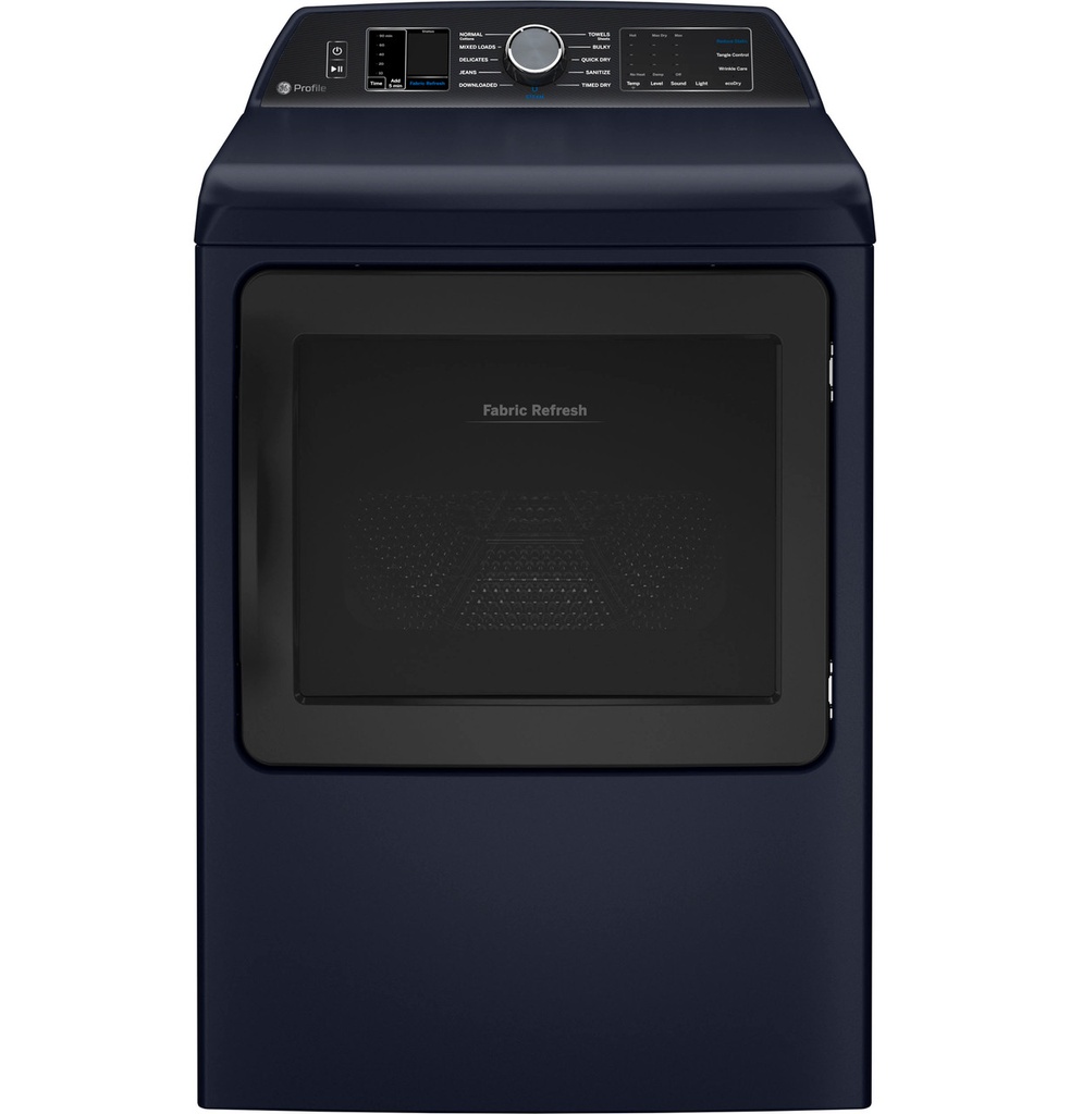 GE Profile PTD90GBPTRS 27 inch Smart Gas Dryer with 7.3 cu. ft. Capacity, Long Vent, Aluminized Alloy Drum, Fabric Refresh, Steam, Washer Link, Sanitize Cycle, in Sapphire Blue