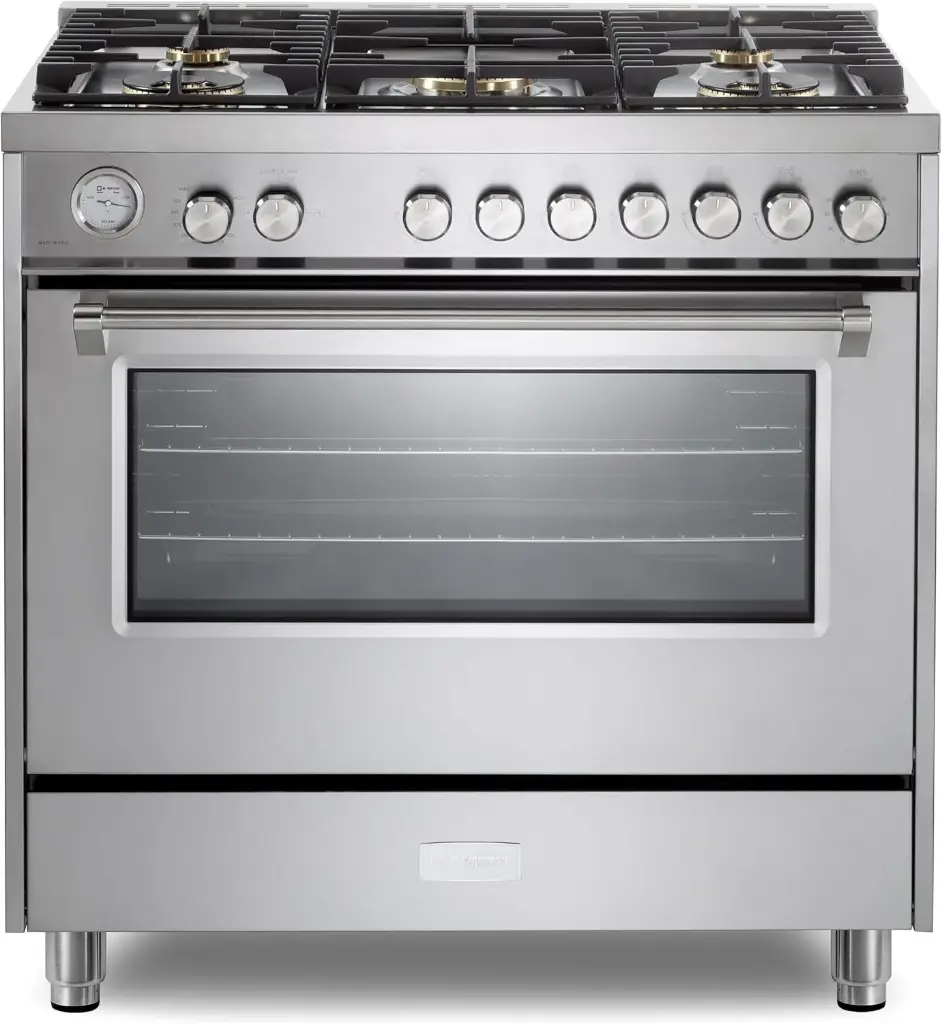 Verona VUFSGG365 36 inch Ultima Collection Freestanding Gas Range with 5 Sealed SABAF Brass Burners, 5 cu. ft. Oven Capacity, Temperature Gauge