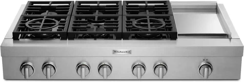 KitchenAid KCGC558JSS 48 inch Commercial-Style Gas Rangetop with 6 Burners and Chrome-Infused Electric Griddle, 3 Level Convertible Grates, in Stainless Steel