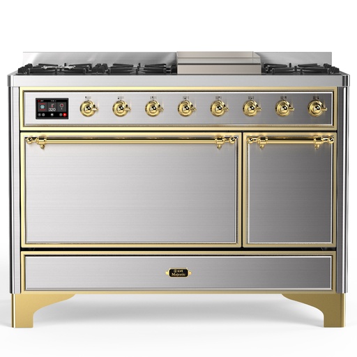 [UM48FQNR3SSG] ILVE UM48F Majestic III 48 inch Dual Fuel Range with 8 Burners and Griddle, Dual Function Burner up to 25,000 BTU (Natural Gas, Solid Door, Stainless Steel, Brass)