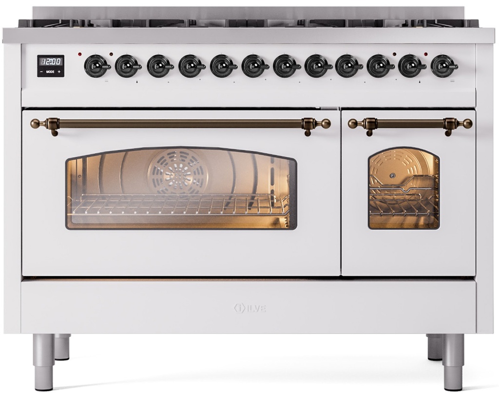 ILVE UP488NMPWHBLP Nostalgie II 48 inch Dual Fuel Liquid Propane Range Burnished Trim Bundle Including EN48B82211 Burnished Knobs and Handles (Limited Edition)
