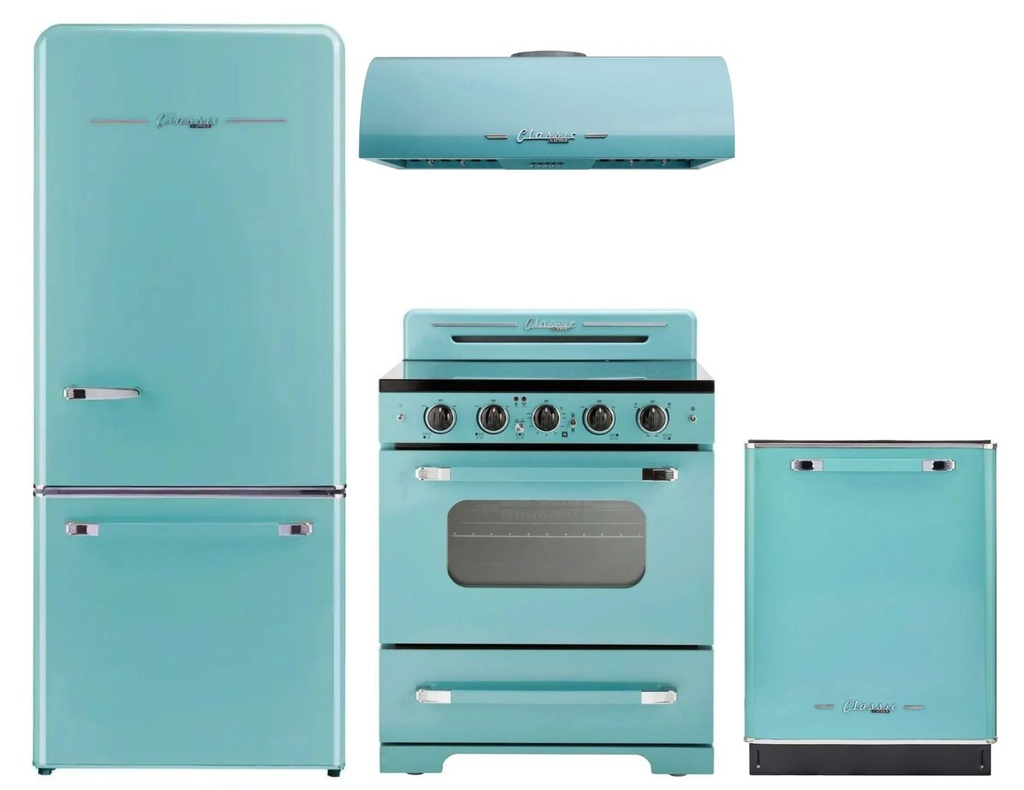 Unique Appliances 4-Piece Classic Retro Kitchen Appliances Package with UGP510LTAC 30-inch Refrigerator, UGP30CRECT 30-inch Electric Range, UGP30CRRHT 30-inch Range Hood and UGP24CRDWT 24-inch Dishwasher