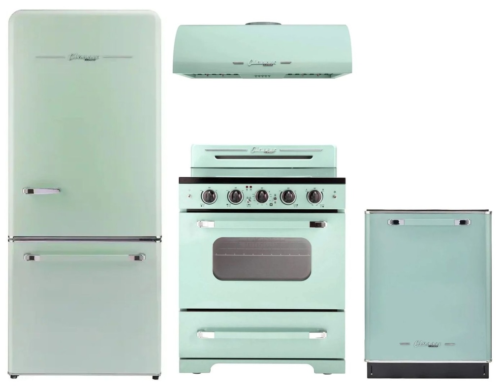 Unique Appliances 4-Piece Classic Retro Kitchen Appliances Package with UGP510LLGAC 30-inch Refrigerator, UGP30CRECLG 30-inch Electric Range, UGP30CRRHLG 30-inch Range Hood and UGP24CRDWLG 24-inch Dishwasher