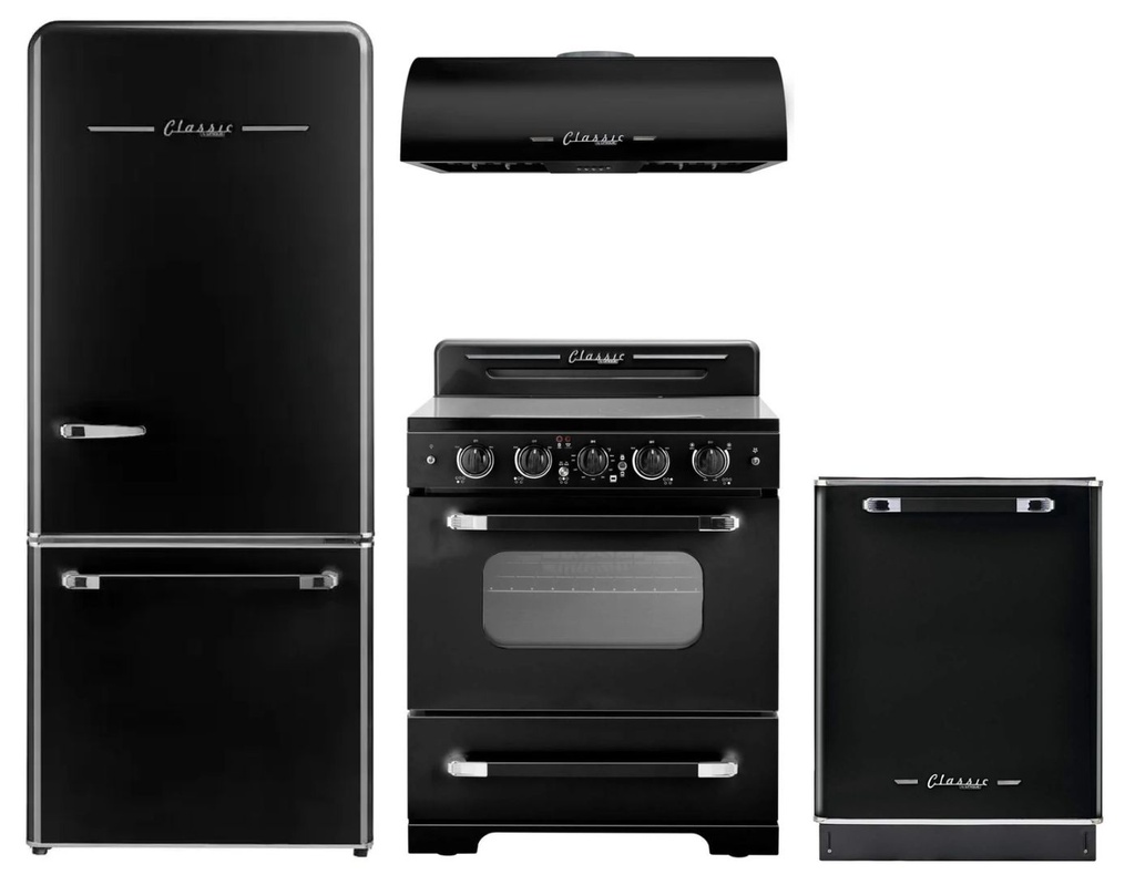 Unique Appliances 4-Piece Classic Retro Kitchen Appliances Package with UGP510LBAC 30-inch Refrigerator, UGP30CRECB 30-inch Electric Range, UGP30CRRHB 30-inch Range Hood and UGP24CRDWB 24-inch Dishwasher