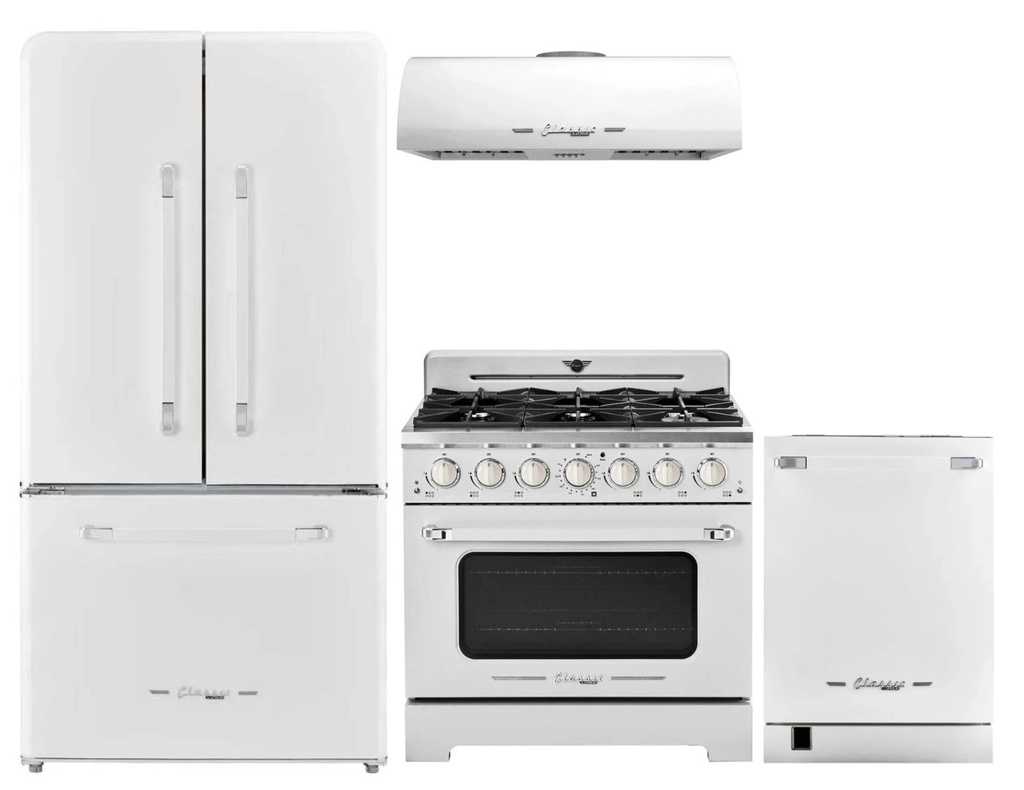Unique Appliances 4-Piece Classic Retro Kitchen Appliances Package with UGP595LWAC 36-inch Refrigerator, UGP36CRW 36-inch Gas Range, UGP36CRRHW 36-inch Range Hood and UNQDW24CTPRW 24-inch Dishwasher