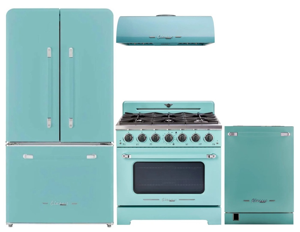 Unique Appliances 4-Piece Classic Retro Kitchen Appliances Package with UGP595LTAC 36-inch Refrigerator, UGP36CRT 36-inch Gas Range, UGP36CRRHT 36-inch Range Hood and UNQDW24CTPRT 24-inch Dishwasher