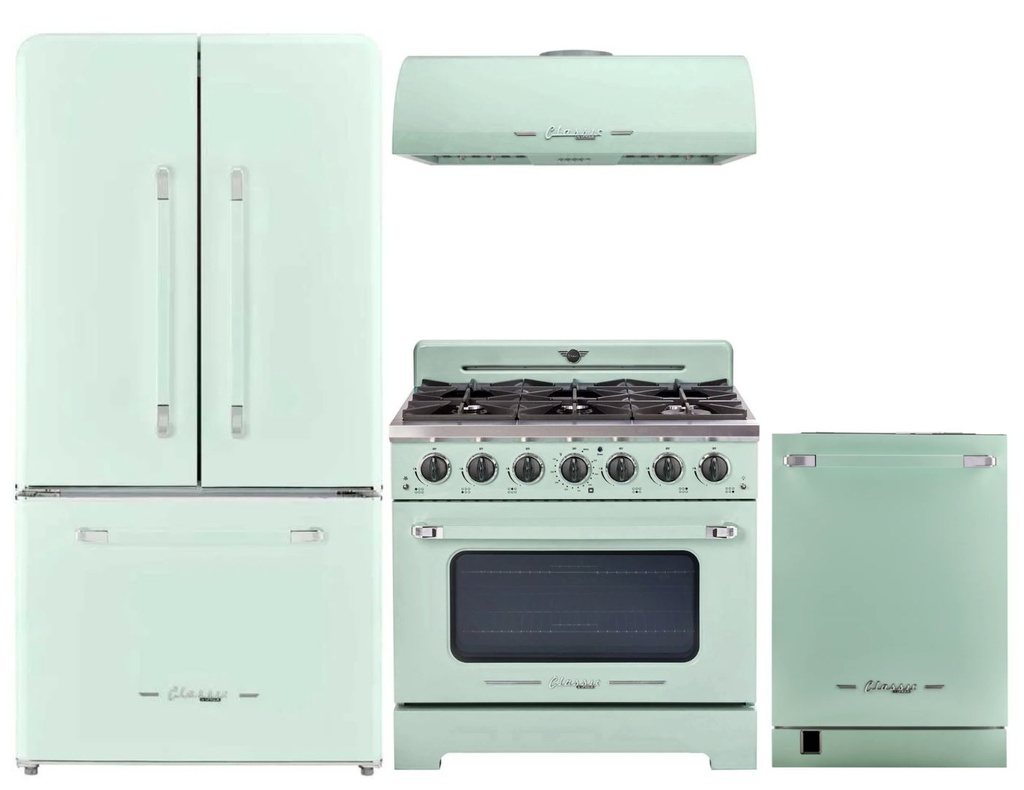 Unique Appliances 4-Piece Classic Retro Kitchen Appliances Package with UGP595LLGAC 36-inch Refrigerator, UGP36CRLG 36-inch Gas Range, UGP36CRRHLG 36-inch Range Hood and UNQDW24CTPRLG 24-inch Dishwasher