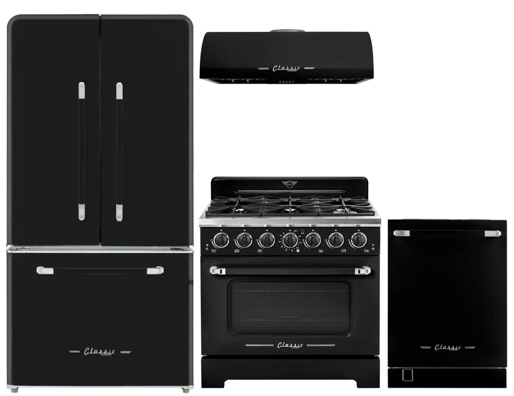 Unique Appliances 4-Piece Classic Retro Kitchen Appliances Package with UGP595LBAC 36-inch Refrigerator, UGP36CRB 36-inch Gas Range, UGP36CRRHB 36-inch Range Hood and UNQDW24CTPRMB 24-inch Dishwasher