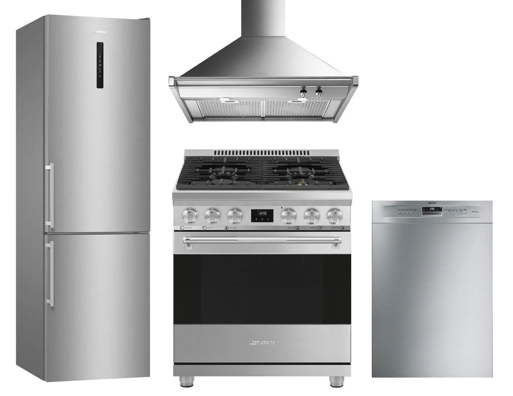 Smeg 4-Piece Kitchen Package with FC20UXDNE 24-in Bottom Freezer Refrigerator, SPR30UGGX 30-in Freestanding Gas Range, KDU30X 30-in Range Hood, LSPU8643X 24-in Dishwasher