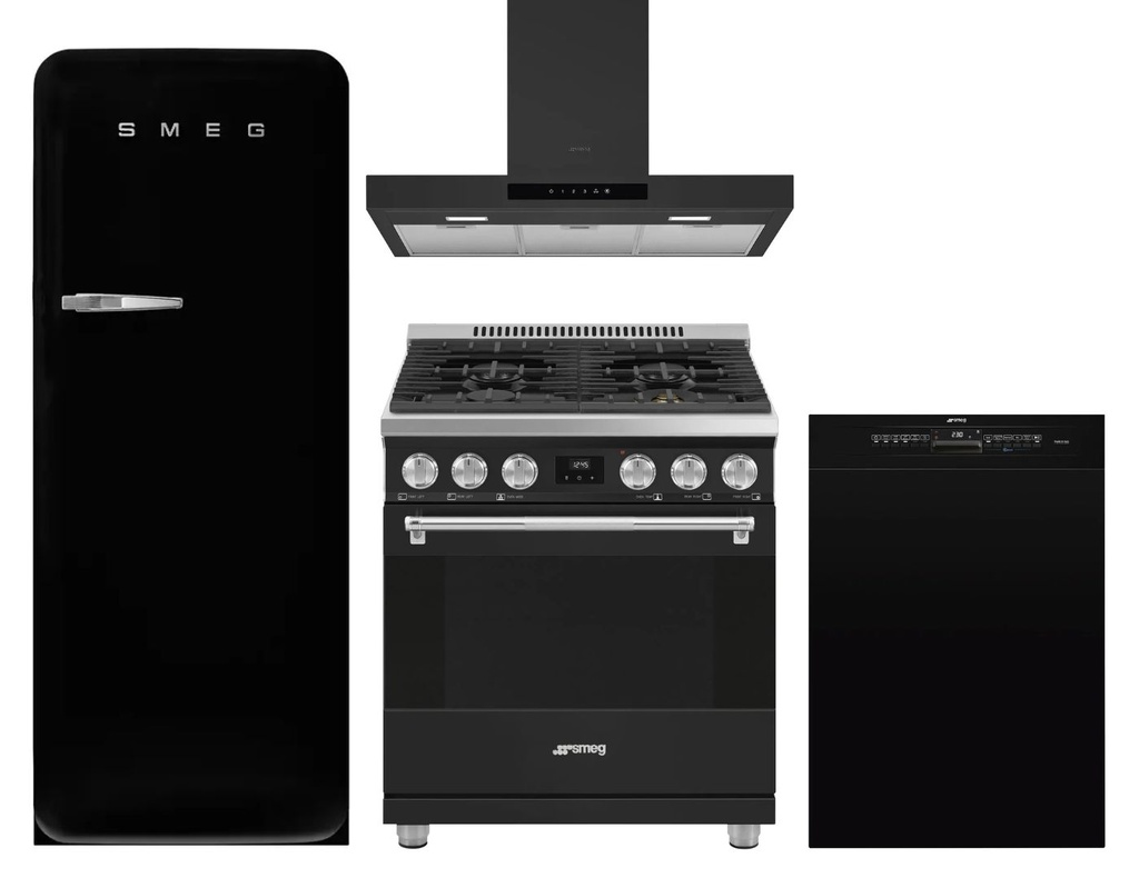 Smeg 4-Piece Kitchen Package with FAB28URDBLM3 24-inch Refrigerator, SPR30UGGAN 30-inch Freestanding Gas Range, KBTU30AN 30-inch Wall Mount Hood and LSPU8643BL 24-inch Dishwasher
