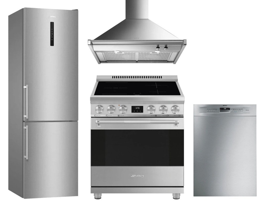 Smeg 4-Piece Kitchen Package with FC20UXDNE 24-in Bottom Freezer Refrigerator, SPR30UIMX 30-in Induction Range, KDU30X 30-in Range Hood, LSPU8643X 24-in Dishwasher