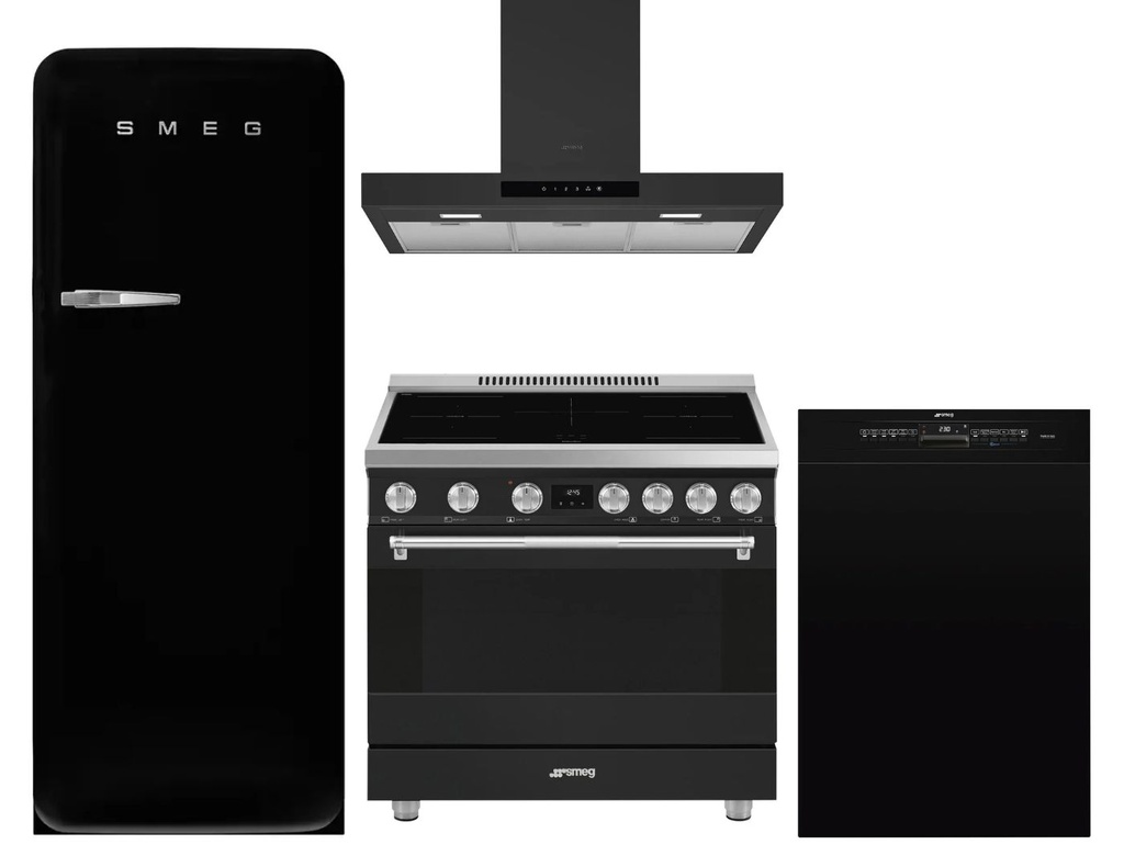 Smeg 4-Piece Kitchen Package with FAB28URDBLM3 24-inch Refrigerator, SPR36UIMAN 36-inch Induction Range, KBTU36AN 36-inch Wall Mount Hood and LSPU8643BL 24-inch Dishwasher