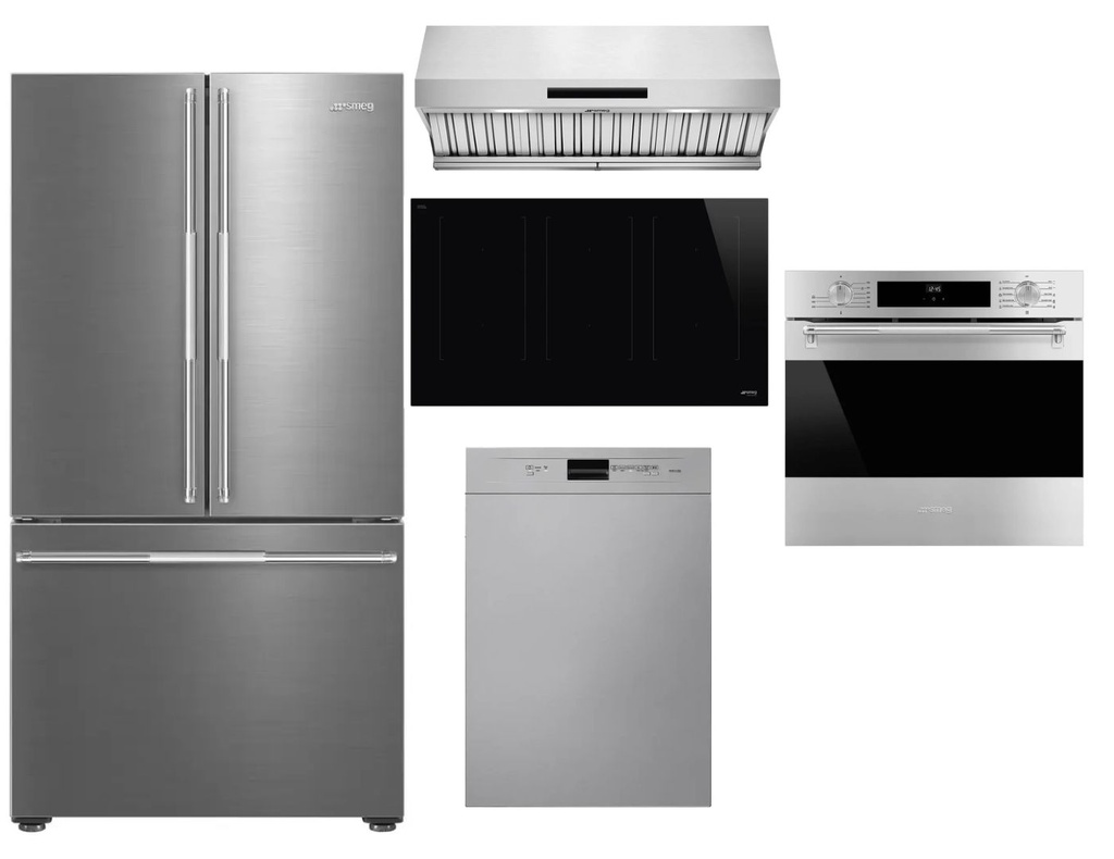 Smeg 5-Piece Kitchen Package with FD36UXIW 36-inch French Door Refrigerator, SIMU336D 36-inch Induction Cooktop, SOU3300TX2 30-inch Wall Oven, KPRU36X 36-inch Under Cabinet Hood, DW8210X 24-inch Dishwasher