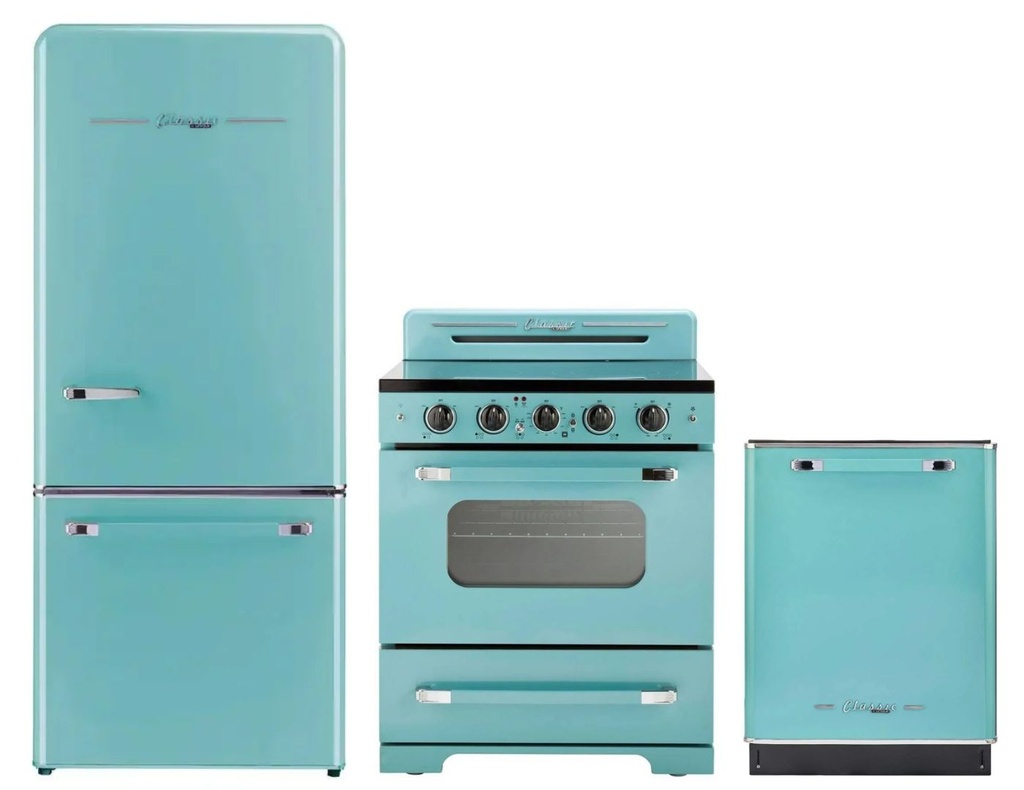 Unique Appliances 3-Piece Classic Retro Kitchen Appliances Package with UGP510LTAC 30-inch Refrigerator, UGP30CRT 30-inch Gas Range, UGP24CRDWT 24-inch Dishwasher