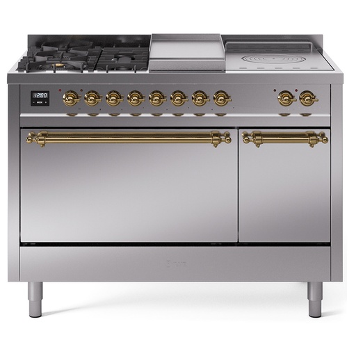 [UP48FSQNMPSSG] ILVE UP48F Nostalgie II 48 inch Dual Fuel Range with 5.02 cu. ft. Total Double Oven Capacity (5 Sealed Burners + Griddle + French Top, Natural Gas, Solid Door, Stainless Steel, Brass)