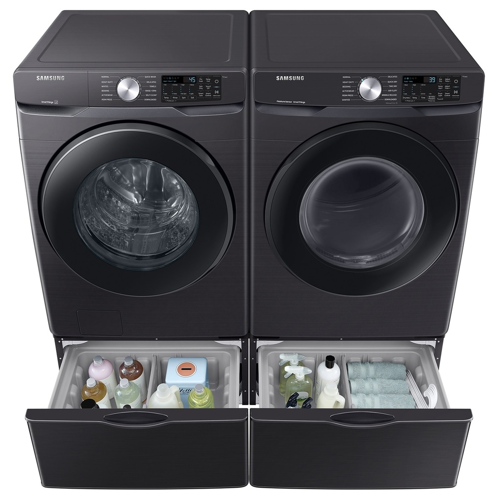 Samsung-WF51CG8000AV-front view with matching dryer and open pedestal
