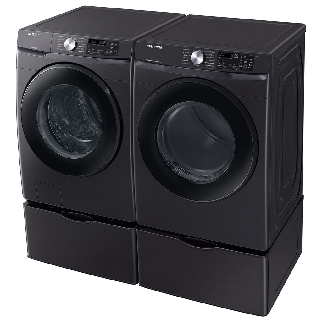 Samsung-WF51CG8000AV-right angle view with matching dryer and pedestal