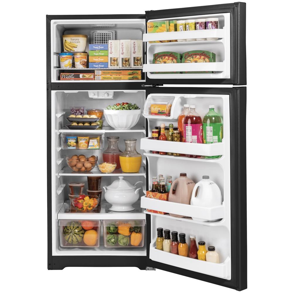 GE GTS18G 28 inch Top Freezer Refrigerator with 17.5 cu. ft. Total Capacity, LED Lighting, and Edge-to-Edge Glass Shelves, Sliding Deli Drawer 