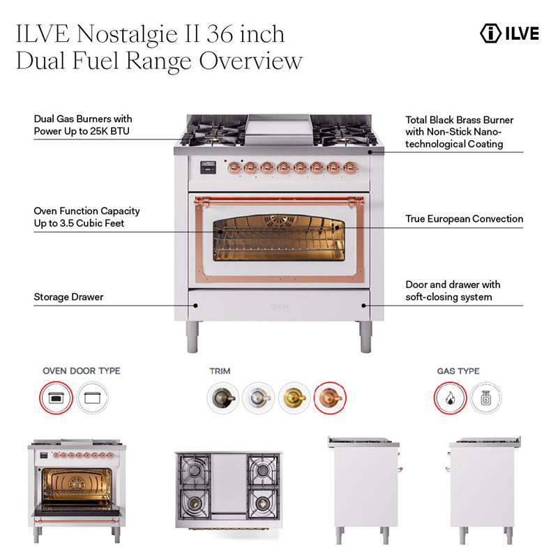 ILVE UN36FNM Nostalgie II Noblesse 36 inch Dual Fuel Range with 6 Burners and Griddle