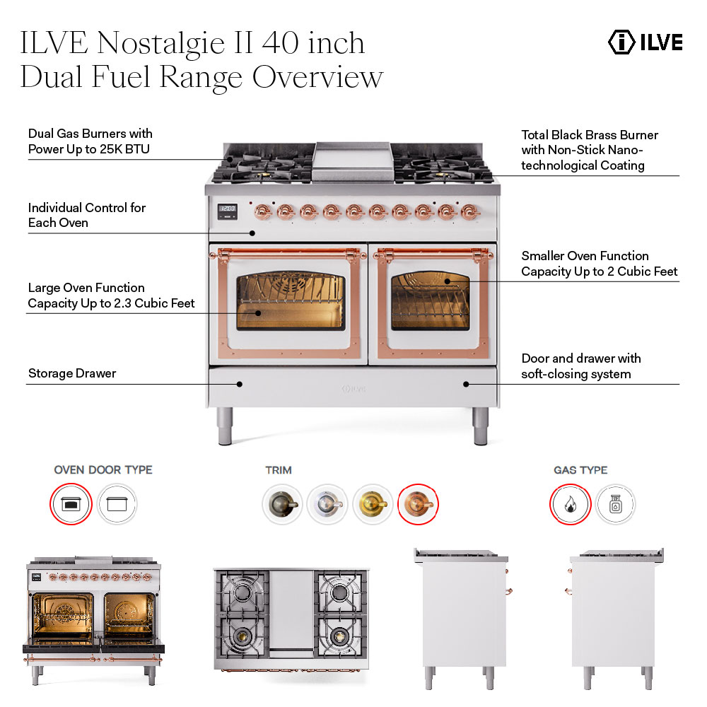 ILVE UPD40FNMP Nostalgie II 40 inch Dual Fuel Range with Double Ovens, 6 Burners and Griddle