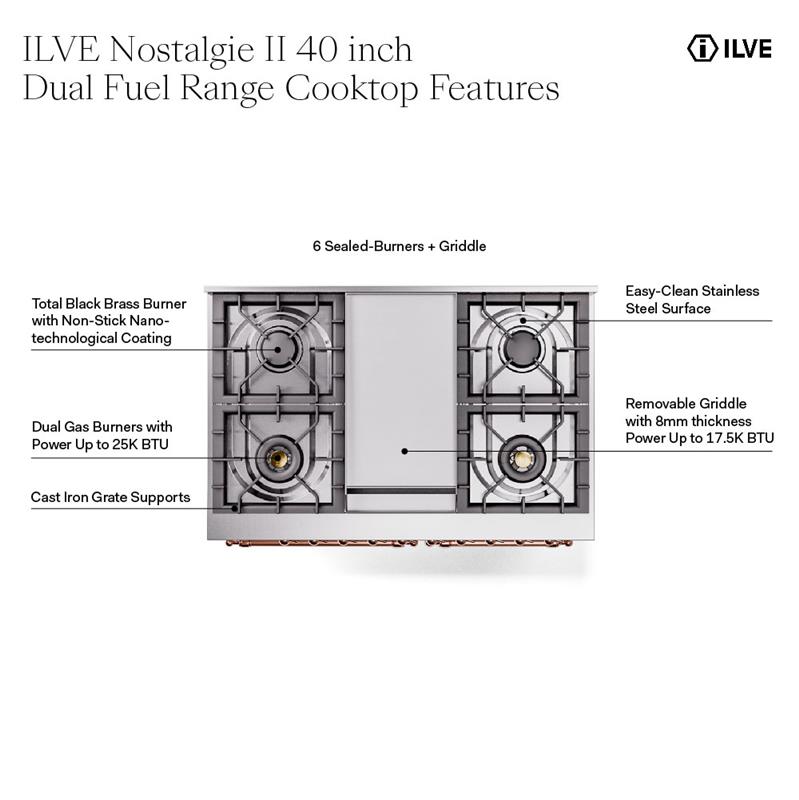 ILVE UPD40FNMP Nostalgie II 40 inch Dual Fuel Range with Double Ovens, 6 Burners and Griddle