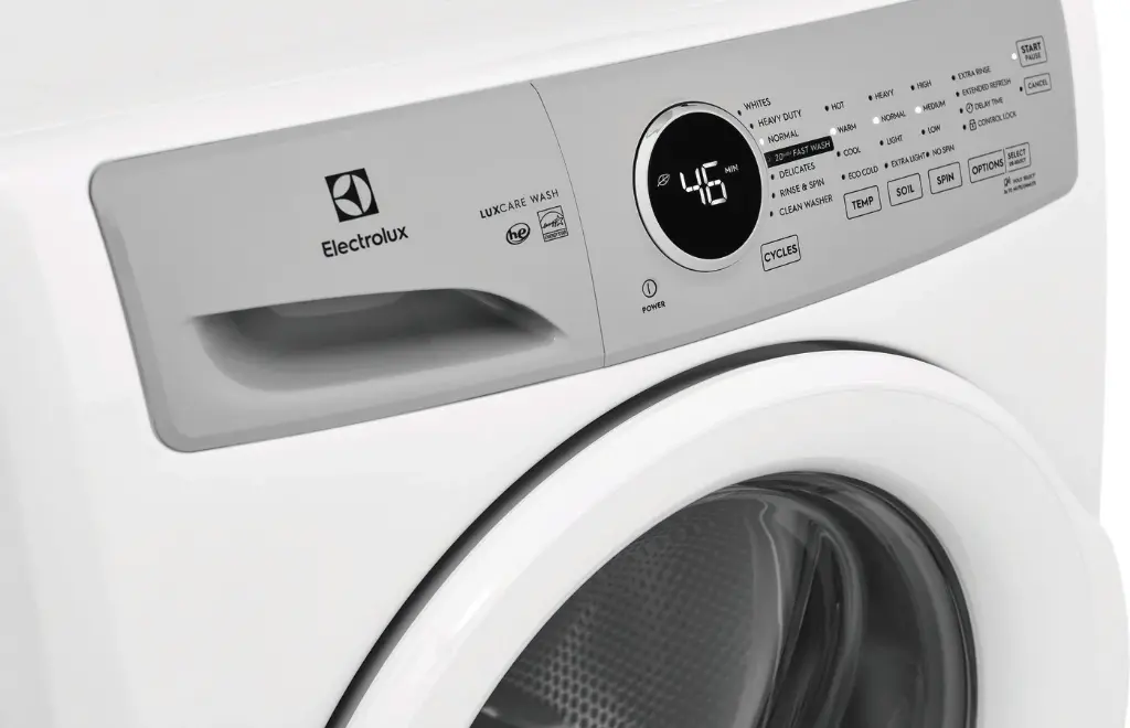 Electrolux ELFW7337AW 27" 300 Series Front Load Washer with 4.4 cu. ft. Capacity, angled view of controls