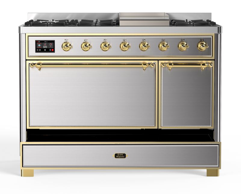 ILVE UM12F Majestic II 48 inch Dual Fuel Range with 8 Black Brass Burners, Griddle