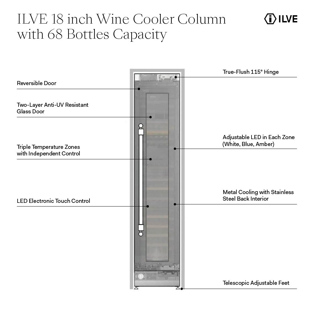 ILVE UWFC18BNNPRY 18 inch Built-In Triple Zone Wine Column with 68 Bottle Capacity, in Panel Ready