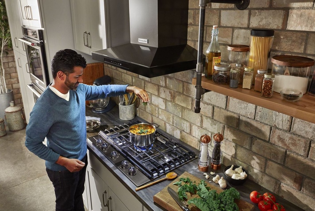 KitchenAid-KVWB600HBS-modern kitchen workspace with chimney