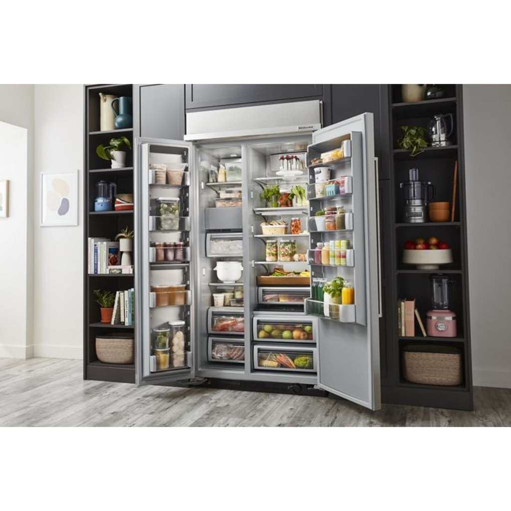 kitchenaid-KBSN708MPA-fully stocked open refrigerator