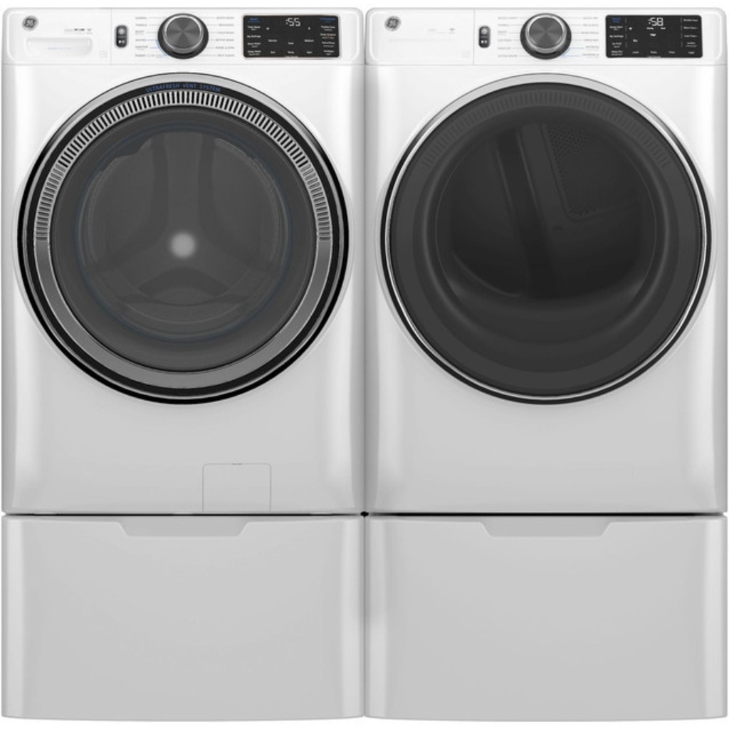 GFD65GSSVWW shown-with-washer-on-pedestals