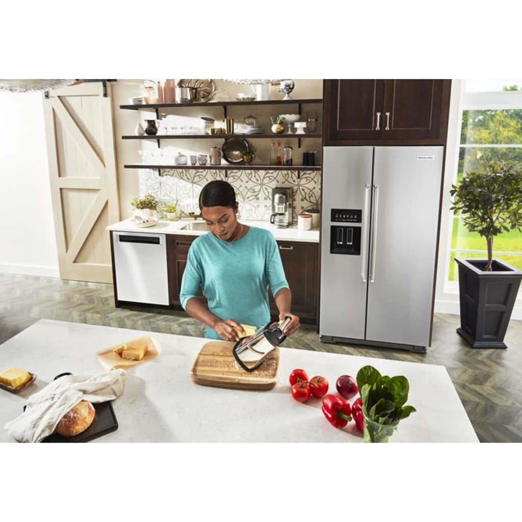 KitchenAid-KRSF705HPS-Modern Kitchen Workspace with refrigerator