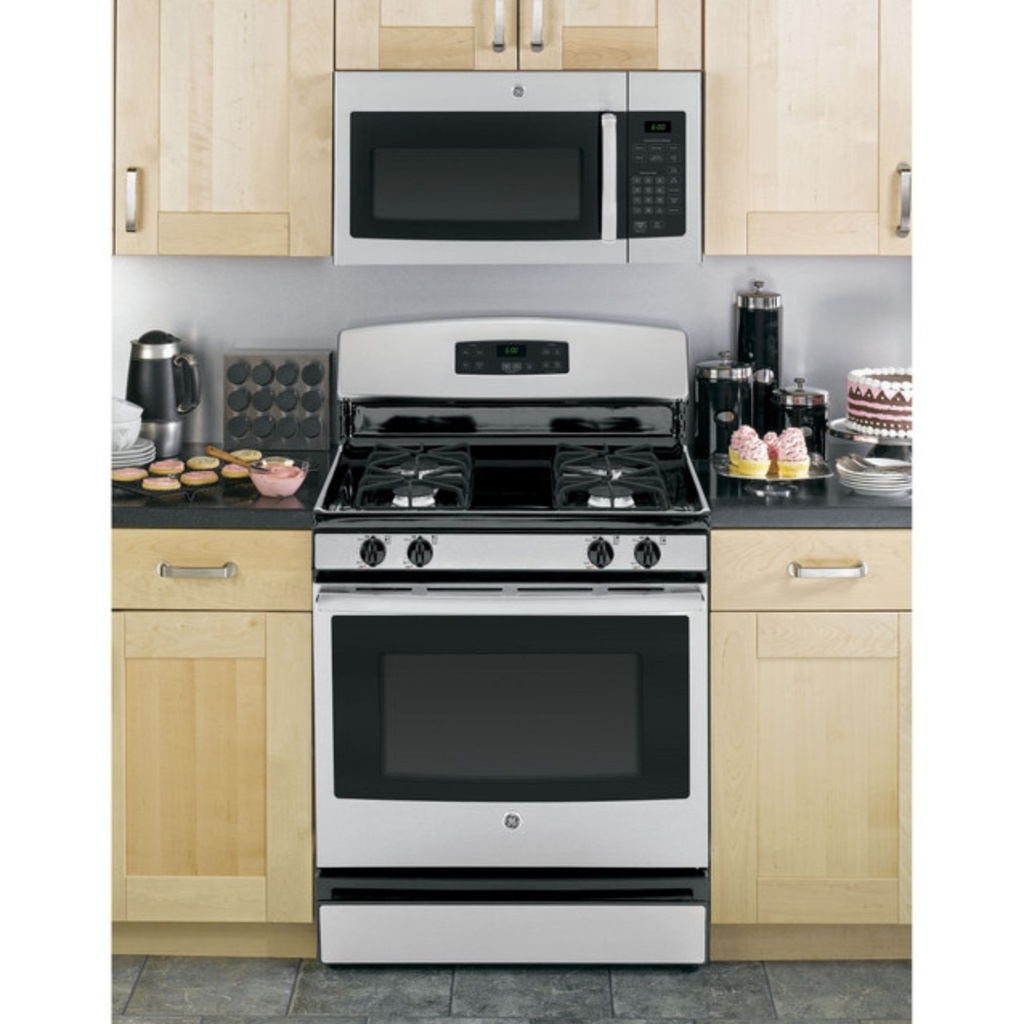 JVM3160RFSS modern kitchen with gas range and microwave