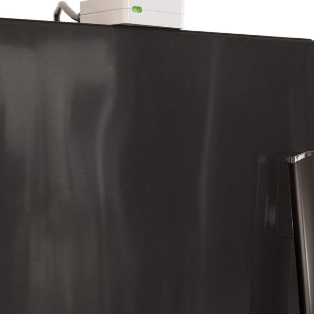 GE-PFE28KBLTS-Top View of a Black Stainless Steel Refrigerator with Smart Device