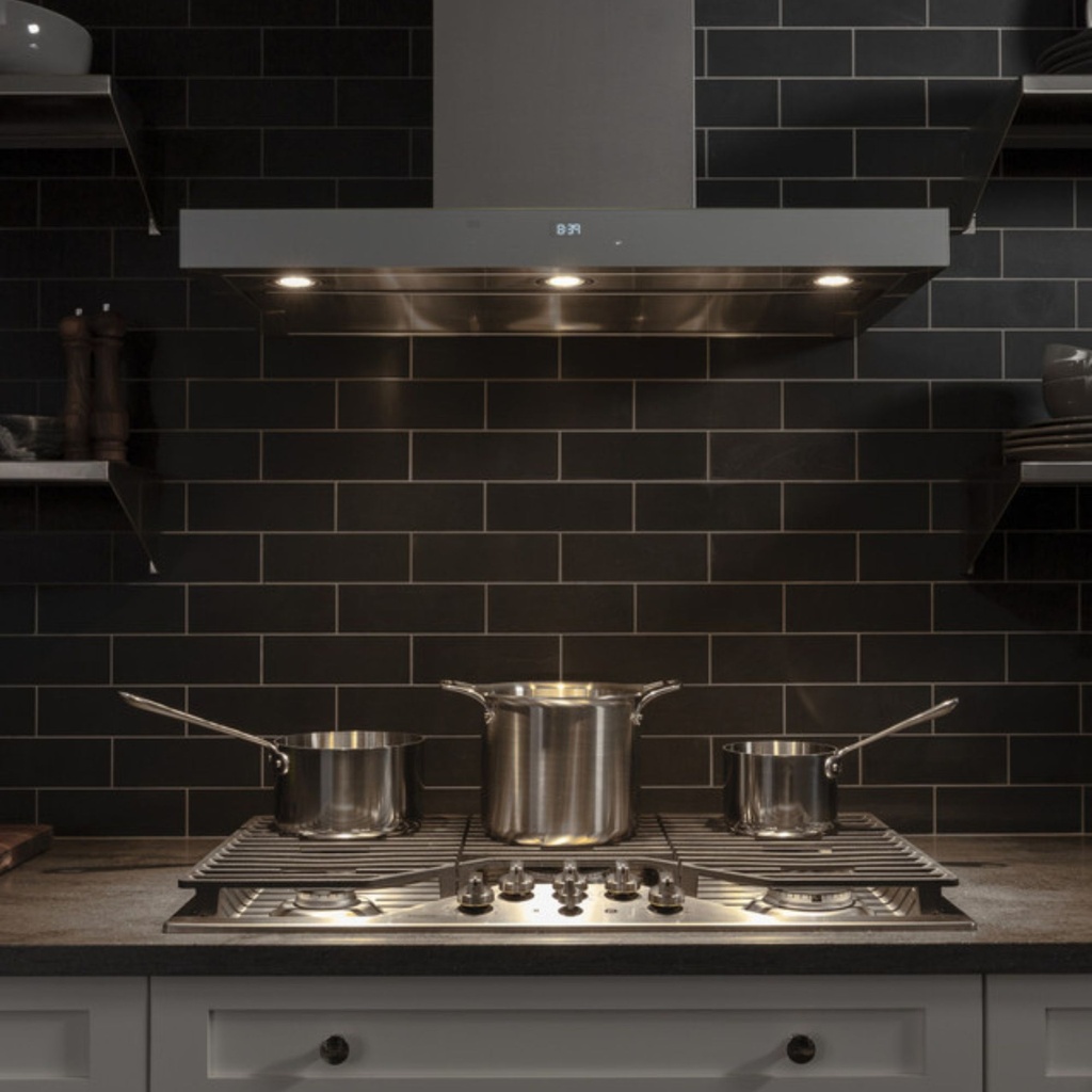 GE-PGP9036SLSS-Modern Kitchen with Black Tile Backsplash and Stainless Steel Cooktop